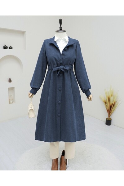 Modamorfo Waist-tied top buttoned stamp coat - navy