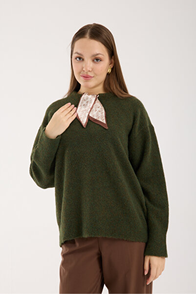 İLKCET MODA Khaki Premium Oversized Women's Sweater with Scarf Detail