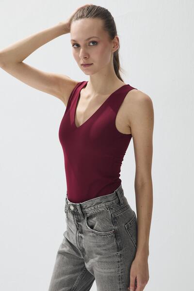 TUBİA Women's Burgundy Color V-Neck Snap-On Bodysuit