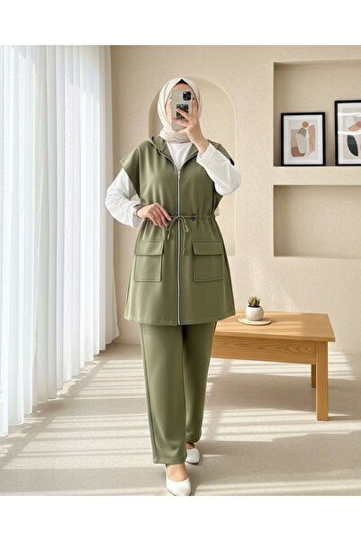 Modamorfo Double Pocket Zippered Rubber Detailed Short Sleeve Scuba Suit - Khaki