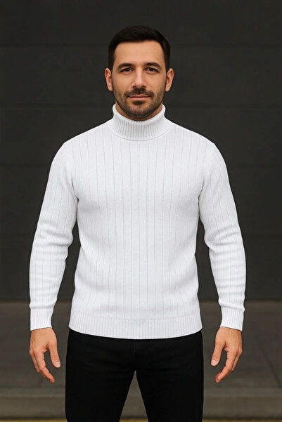 MODA Men's Corded Fabric Knitwear Sweater 3-Piece Set White Claret Red Black Regular Turtleneck Full-Throated Knitwear Set Mod