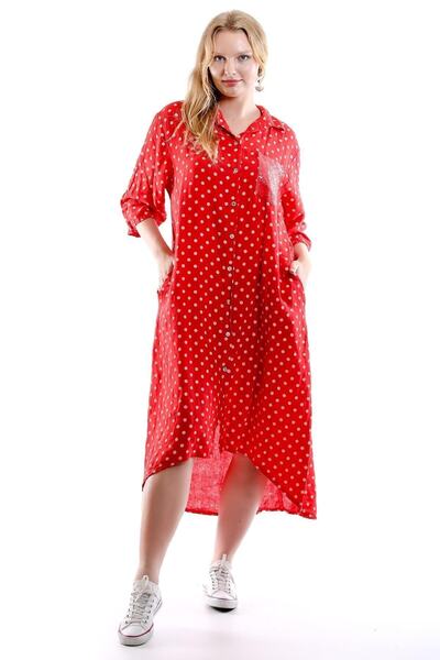 della moor Red Italian Polka Dot Patterned Linen Shirt Dress