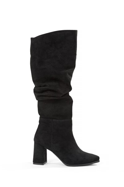 Modabuymus Black Suede Thick Heeled Crinkled Gusseted Women's Boots - Kc
