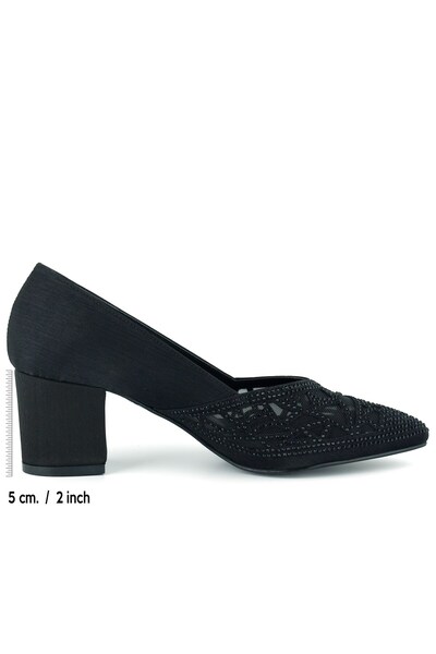 Erkan Saçmacı Patricia Black Satin Stone Mesh Pointed Toe Thick Heeled Classic Shoes