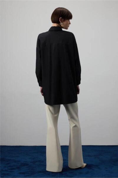 Touche Pileli Asimetrik Poplin Gömlek Siyah