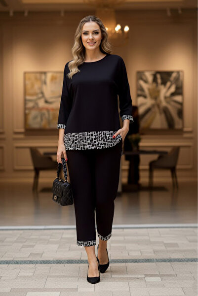 Nevin Kaya Moda Black Chain Paneled Cotton Trousers Blouse Set