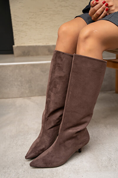 LAMİNTA Polka Bitter Brown Suede Women's Pointed Toe Flat Boots