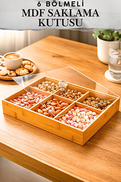 Penthouse 6 Bölmeli Mutfak Organizer Bambu Çerezlik Şeffaf Akrilik Kapaklı Ka...