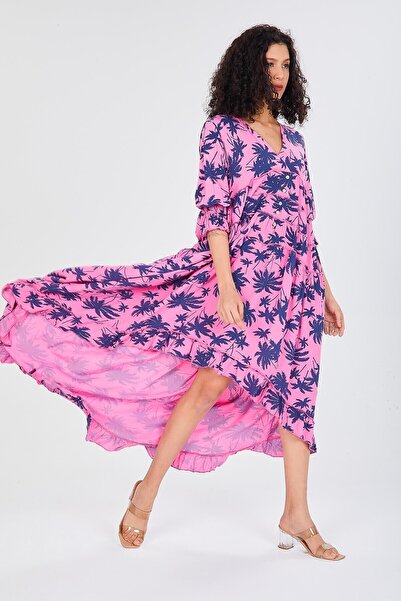 della moor Pink Italian V-Neck Leaf Pattern Ruffled Loose Dress