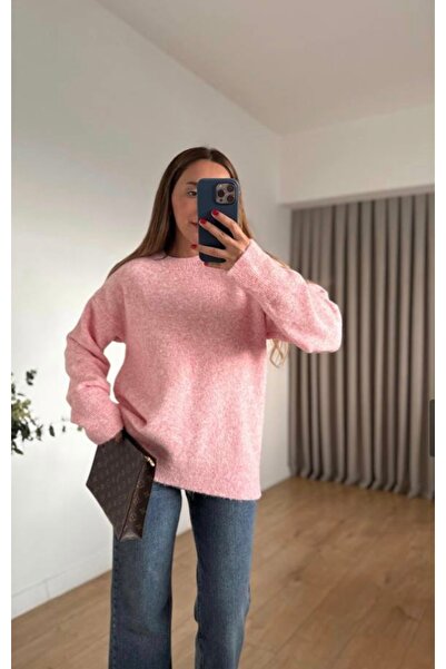 LUMİ Women's Pink Oversized Melange Sweater – Soft Textured Warm Knitwear