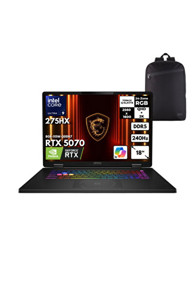 MSI CROSSHAIR 18 HX AI U9-275HX 64GB 2 TB RTX5070 18" Win 10 Pro + S.Çantası A2XWGKG-032XTRHMF11