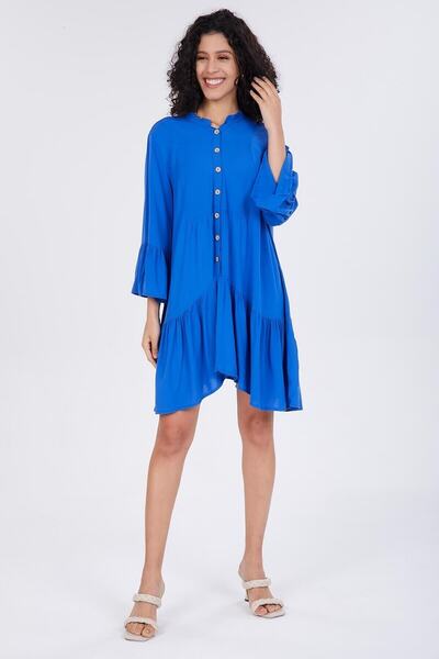 della moor μπλε κοβαλτίου Μπλε φόρεμα με μισό κουμπί με βολάν