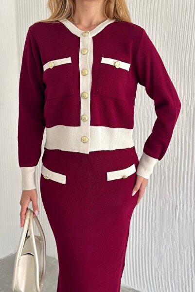 Noi Belis Crew Neck Cardigan Midi Skirt Knitwear Bottom-Top Set Aw25Au0039