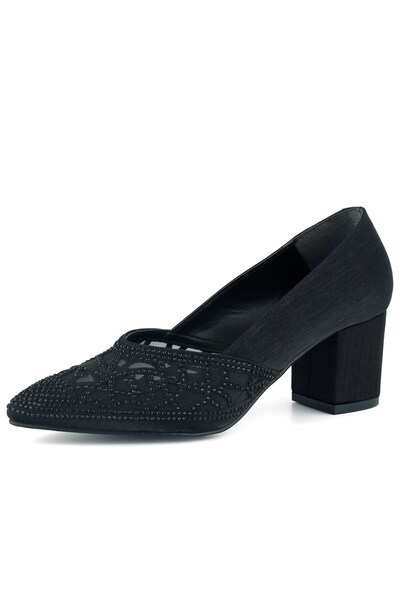 Erkan Saçmacı Patricia Black Satin Stone Mesh Pointed Toe Thick Heeled Classic Shoes