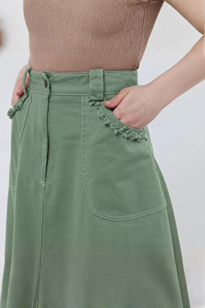 Atölye Güven Green Tasseled 100% Cotton Special Design Long Bell Skirt