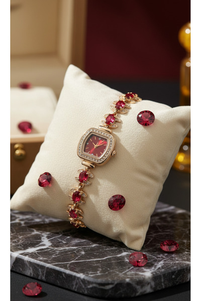 Flush Aksesuar Hediyelik Kırmızı taşlı Gold zarif şık kadın kol saati