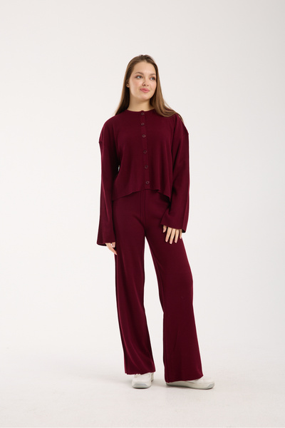 İLKCET MODA Cardigan Pants Burgundy Women's Bottom Top Knitwear Set