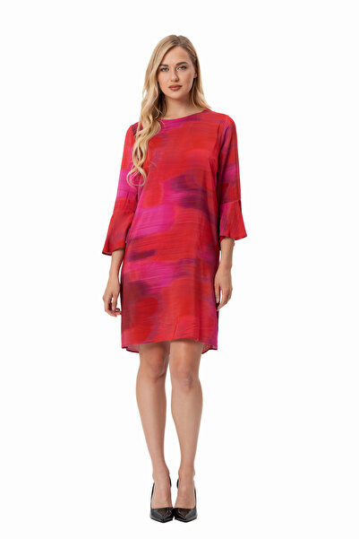 LADYNESS Desenli Volanlı Kol Relaxed Fit Şifon Mini Elbise