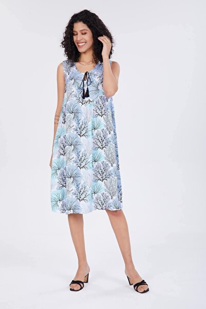 della moor Blue Tree of Life Patterned Tasseled Zero Sleeve Dress
