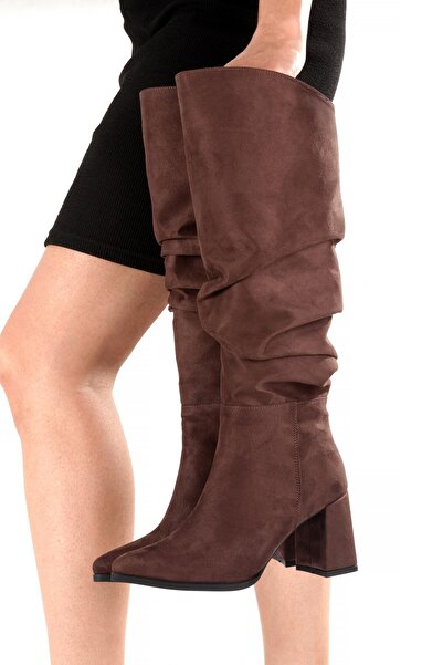 Modabuymus Bitter Brown Suede Thick Heeled Wrinkled Gusseted Women's Boots - Kc