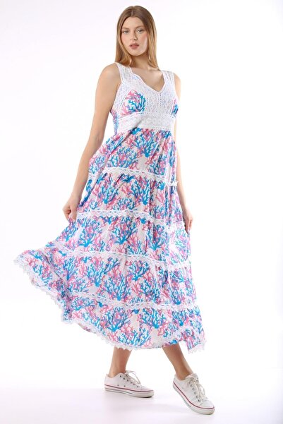 della moor Rochie lungă cu bretele din dantelă cu model de ramuri italiene albastre