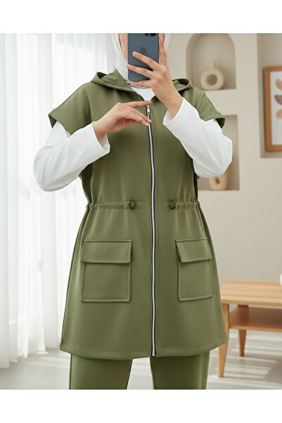 Modamorfo Double Pocket Zippered Rubber Detailed Short Sleeve Scuba Suit - Khaki