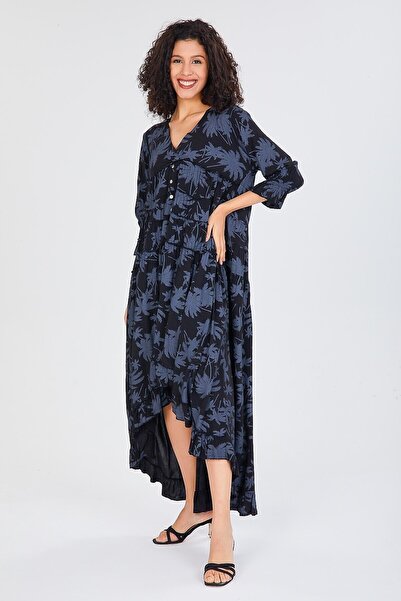 della moor Black Italian V-Neck Leaf Pattern Ruffled Loose Dress