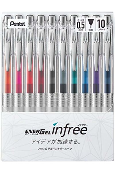 Pentel Energel Infree Knock Tarzı Jel Mürekkepli Tükenmez Kalem 0,5 mm 10 Renk, BLN75TL-10
