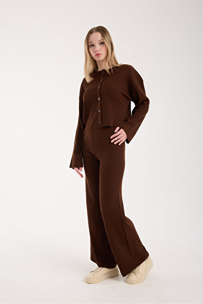 İLKCET MODA Cardigan Pants Coffee Women's Bottom Top Knitwear Set