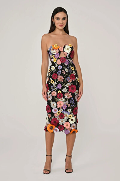 ALFABETA KADIN ABİYE DANTEL ÇİÇEK DETAYLI MİDİ BOY ELBİSE