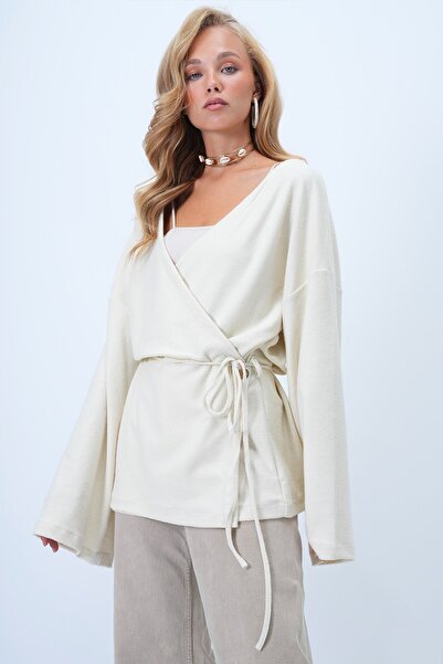 Trend Alaçatı Stili Damen-Cardigan in Ecru mit zweireihigem Schnitt, V-Aussch...