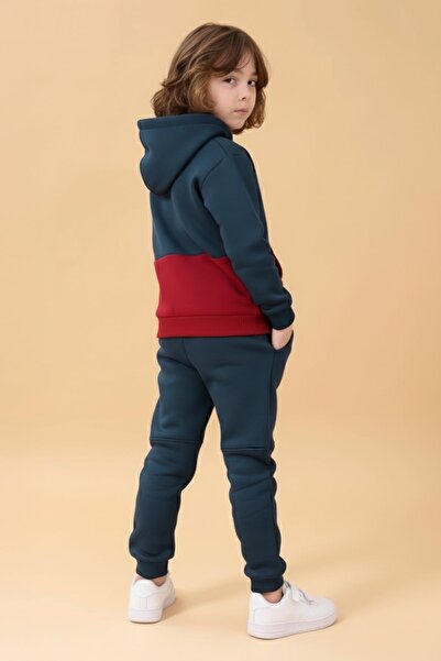 Perendi Boy's Hooded Kangaroo Pocket 2-Color Sweatshirt and Comfortable Fit Fleece-Lined Jogger Bottom Set –