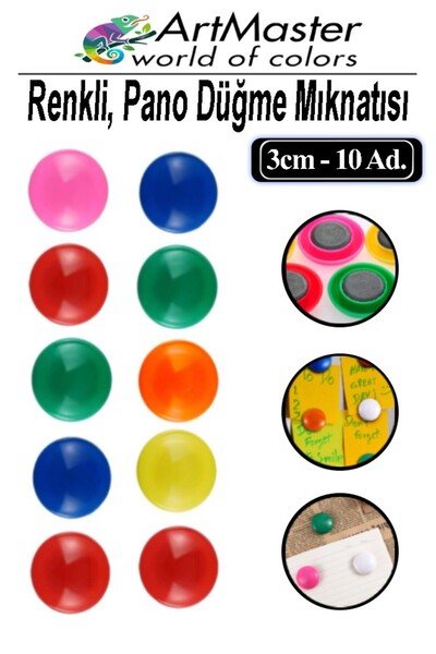 Artmaster Pano Düğmesi Mıknatısı Renkli 10 Lu 1 Paket Buzdolabı Dekorasyon Ma...