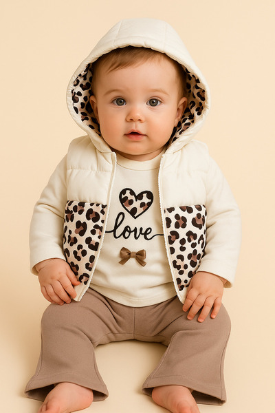 Uğur bebe Ecru Inflatable Vest Set , Leopard Detailed, 100% Cotton 3-Piece Transitional Stylish Set