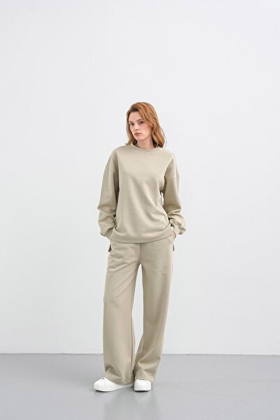 Basicpark Haki̇ Women's O Oversized Pique Textured Wide-Leg Top and Bottom Set