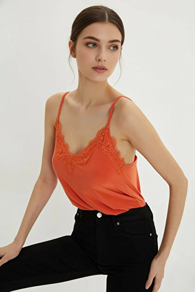 peralist Women's Orange Lace Detailed Sandy Blouse with Adjustable Ring Straps