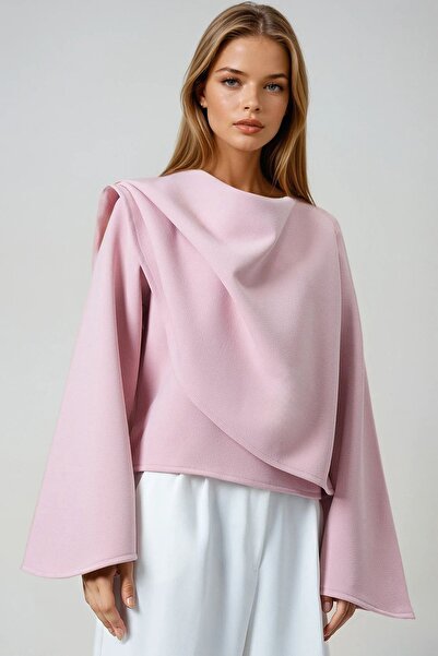 Trend Alaçatı Stili Dámská růžová halenka s výstřihem a širokým střihem s det...