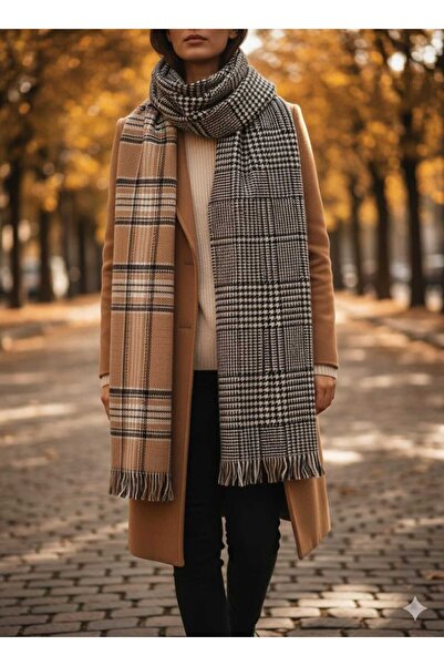 Betülce شال صوف منقوش شتوي للنساء - شال كتف مزدوج الجوانب / قصة فضفاضة شال بطانية 70x190 سم - خردل