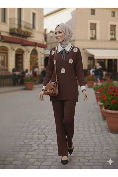 SAYZEN Shirt Collar Brooched Top-Bottom 2-Piece Knitwear Set