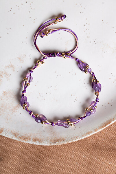 OSMANLI DEĞERLİ TAŞ Certified Natural Stone Amethyst-Hematite Natural Cut Macrame Bracelet Odt009