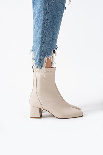 Velisse Kadın Topuklu Bot Bej Streç Arkadan Fermuarlı