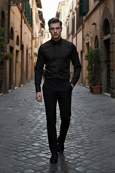 NAZEF Slim Fit Special Production Horse Collar Black Cotton Shirt (Groom's Shirt)