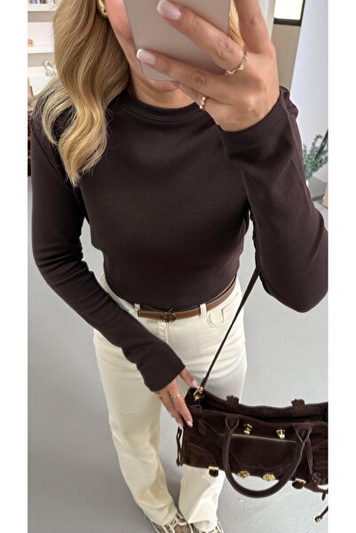 Sezgi Tekin Premium Series Crew Neck Καφέ Μακρυμάνικο Βαμβακερό Basic