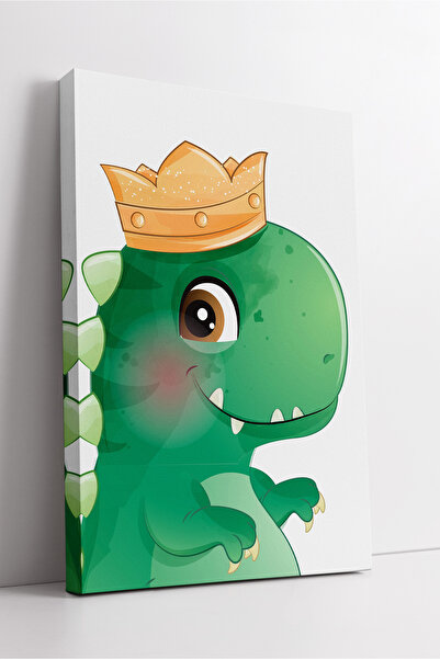 KOSS Dijital Dinozaur verde cu coroană, drăguț pentru decorarea peretelui camerei copiilor, model modern de pictură pe pânză cu desene animate