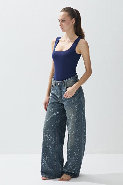 TUBİA Body pentru femei, culoare bleumarin, cu decolteu pătrat nasturi