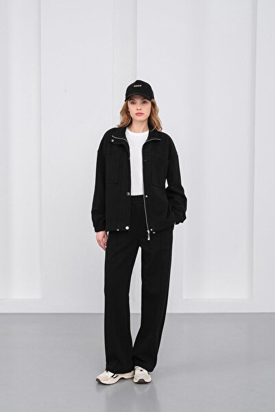 Basicpark Black Women's Pique Textured Waist Adjustable Oversized Jacket Pants Set