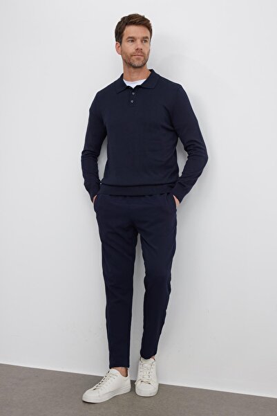 Tudors Men's Standard Fit Regular Cut Cotton Polo Neck Navy Blue Sweater