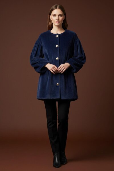 Loreen Women's Front Buttoned Waist Detailed Plush Coat -20723Kbn - Navy