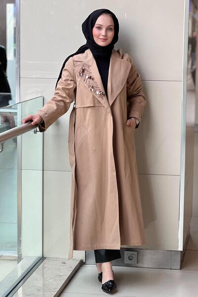 Nuss Double-Breasted Trench Coat with Beaded Collar