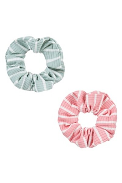 OEM Green Pink Ribbed Hair Scrunchies with Stripes for Women - 3pcs
